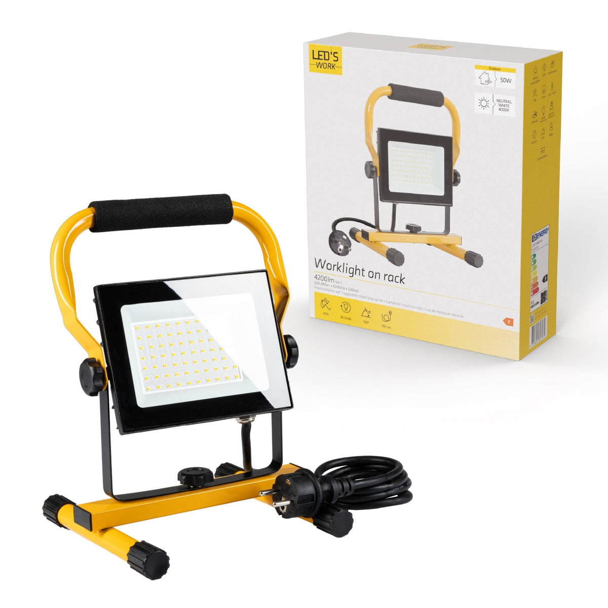 LED's Work 50W Bouwlamp Werklamp Bedraad 4900lm - Verstelbare beugel - Waterdicht (IP65) - Zwart geel Werklampen LED.nl