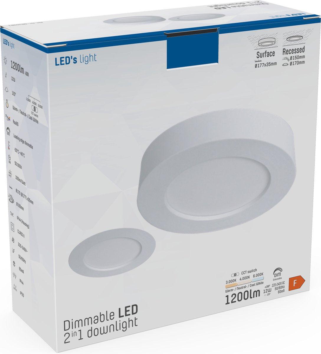 LED's Light Inbouw/Opbouw LED Plafondspot CCT Ø 15 cm - Dimbaar - warm en koud wit - Zaagmaat Ø 150mm – Wit Spotjes LED.nl