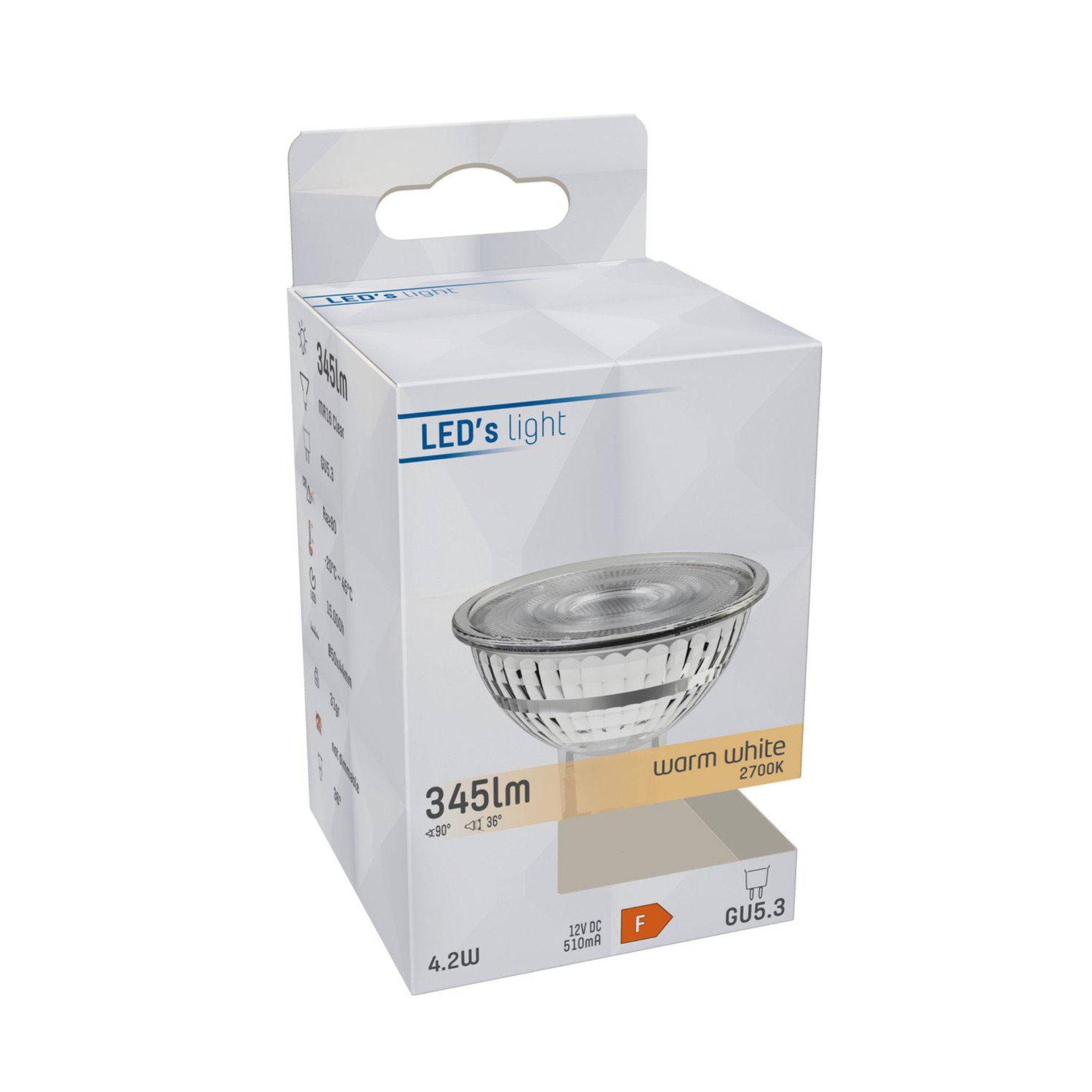 LongLife LED Lamp GU5.3 - 12V - MR16 Spot - Warm wit - 4W vervangt 35W Spotjes LED.nl