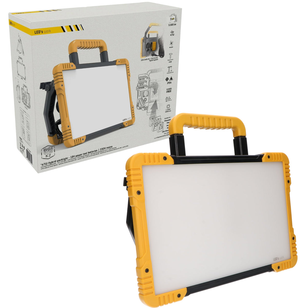 LED's Light 18V Hybride LED Bouwlamp 5500lm - Incl Adapters - Bedraad en draadloos te gebruiken – IP54 – Rough Service Tested – 47W Bouwlampen LED.nl
