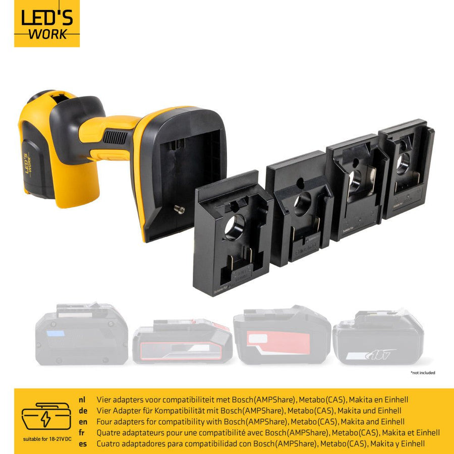 LED's Work 18V Accu werklamp incl Adapters voor elektrisch gereedschap - 5W 500lm 5000K - IP20 IK08 Werklampen LED.nl