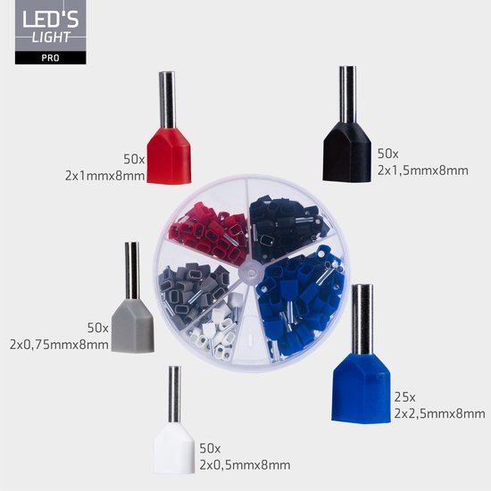 Adereindhulzen assortiment set - 5 maten van 0.5mm² tot 2.5mm² - dubbele draad hulzen - 225 Stuks Snoeren LED.nl