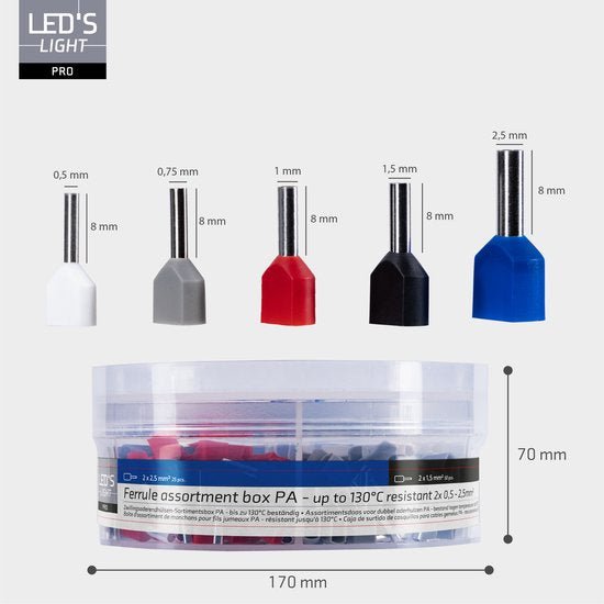 Adereindhulzen assortiment set - 5 maten van 0.5mm² tot 2.5mm² - dubbele draad hulzen - 225 Stuks Snoeren LED.nl