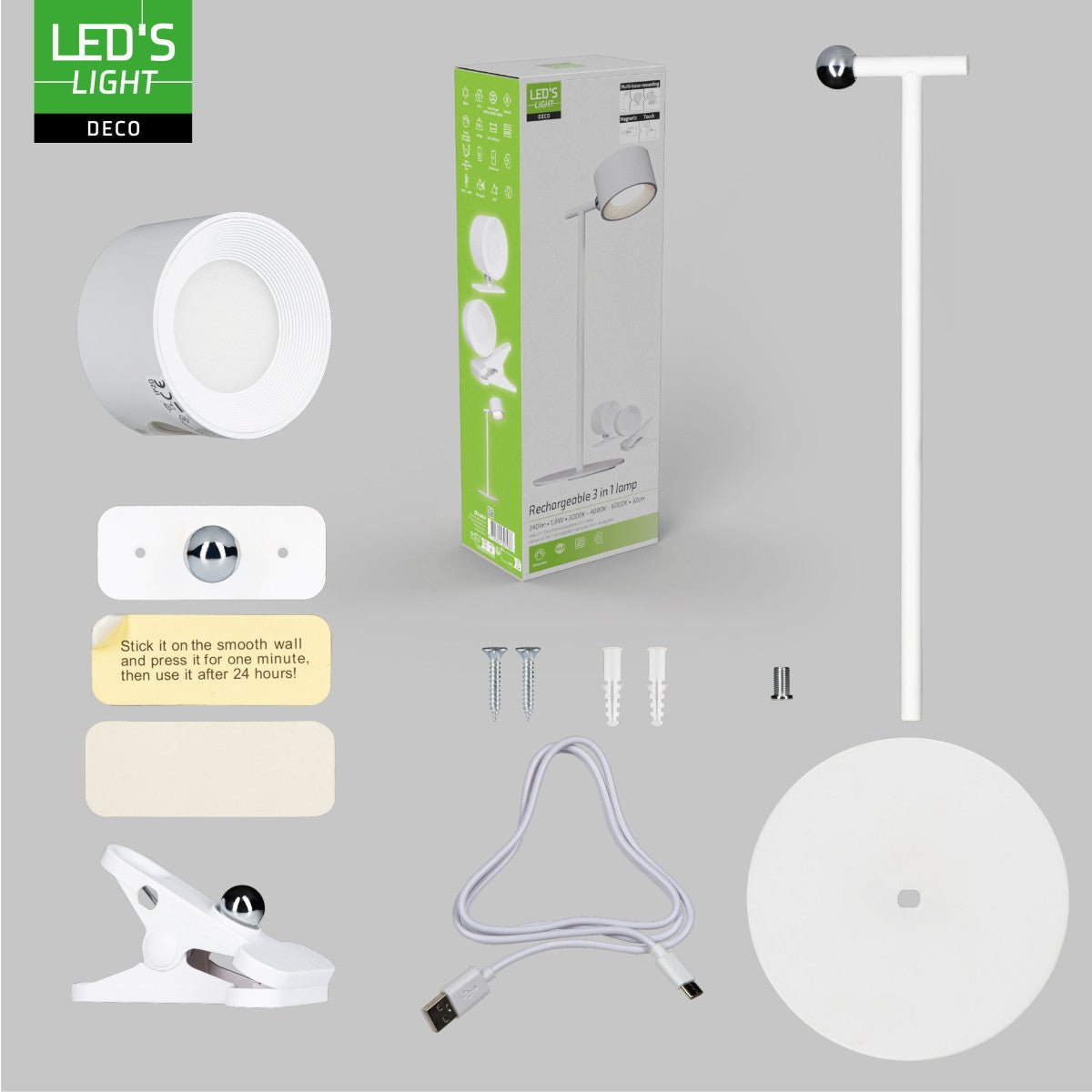 LED's Light 3-in-1 draadloze oplaadbare lamp met magnetische muurbeugel, voet en klem - Wit Tafellampen Led.nl
