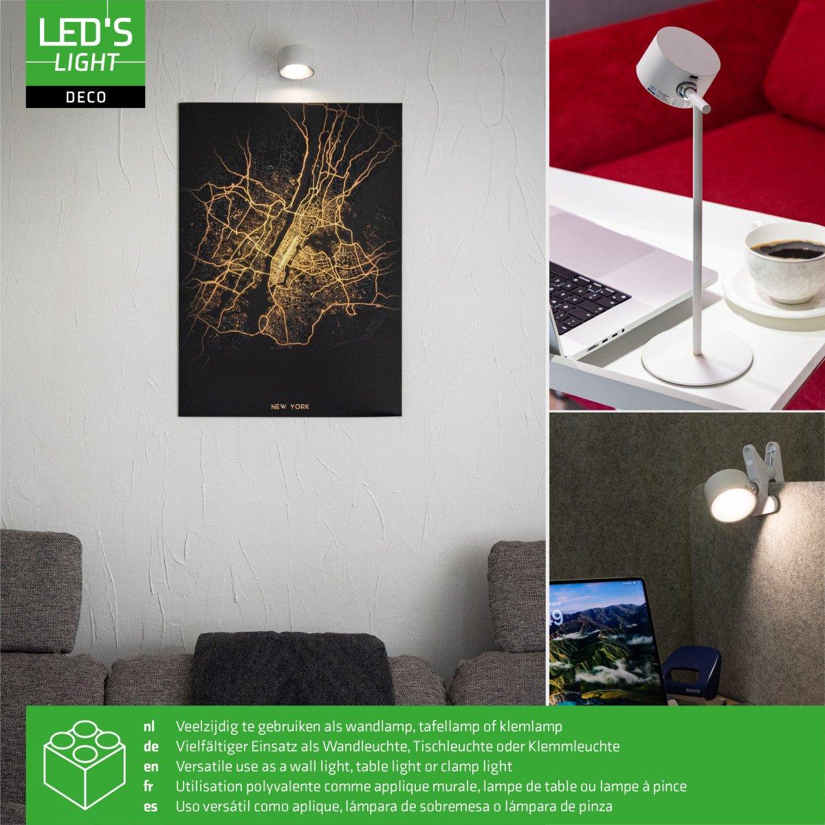 LED's Light 3-in-1 draadloze oplaadbare lamp met magnetische muurbeugel, voet en klem - Wit Tafellampen Led.nl