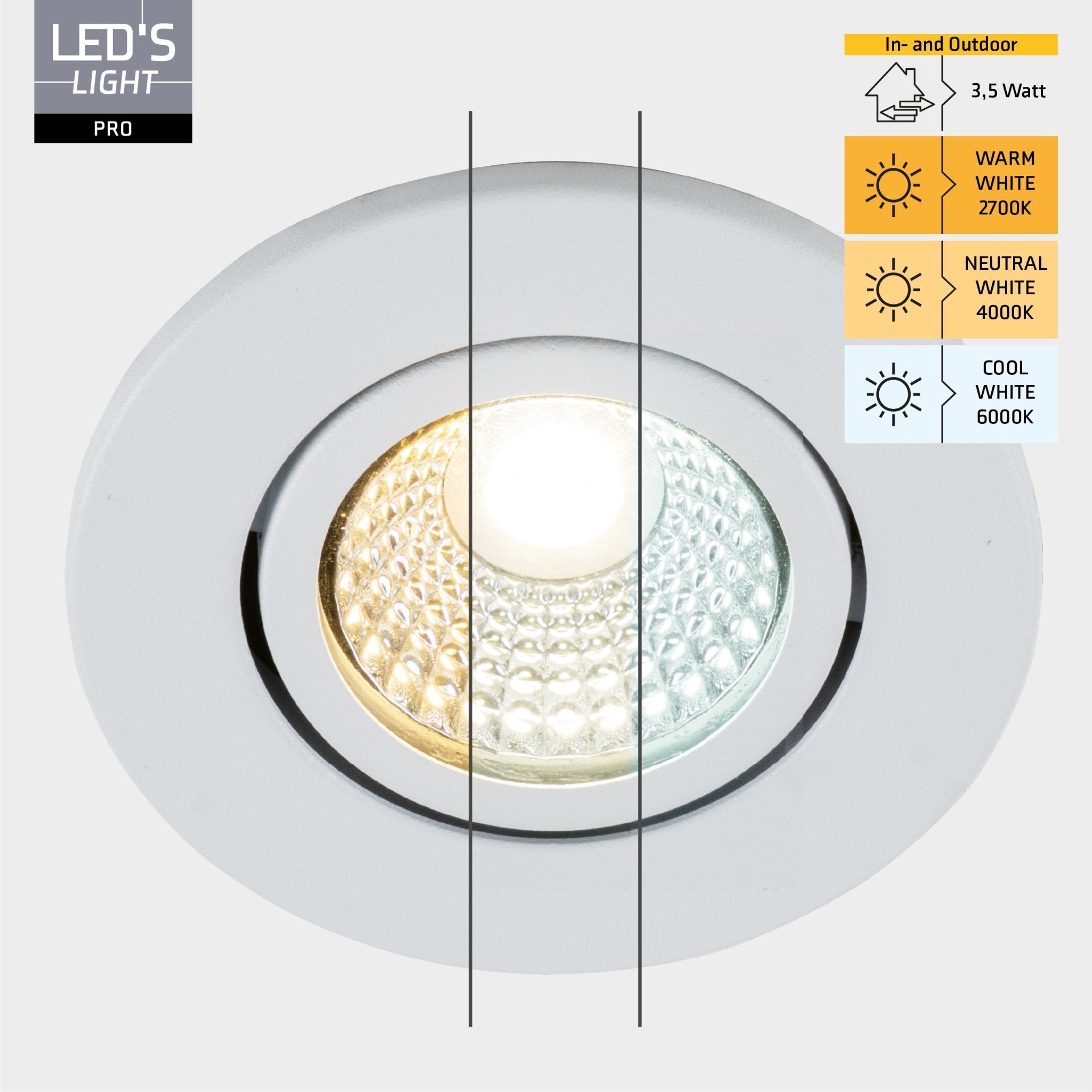 LED's Light PRO Inbouwspot 68 mm - Indoor & Outdoor - 3 lichtkleuren - Dimbaar licht - Wit Inbouwspots LED.nl