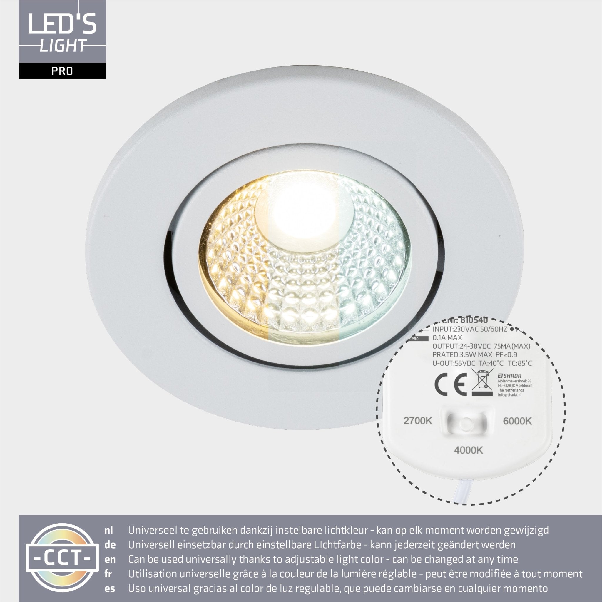 LED's Light PRO Inbouwspot 68 mm - Indoor & Outdoor - 3 lichtkleuren - Dimbaar licht - Wit Inbouwspots LED.nl