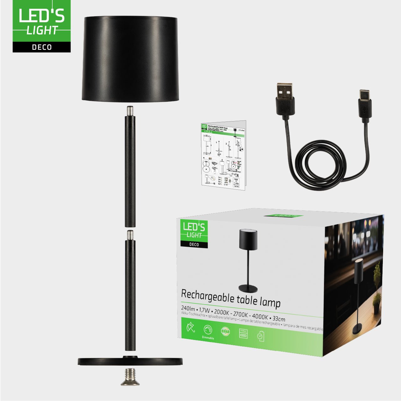 LED's Light Tafellamp op accu - oplaadbaar en draadloos - voor binnen en buiten - 3 kleuren - Zwart Tafellampenen LED.nl
