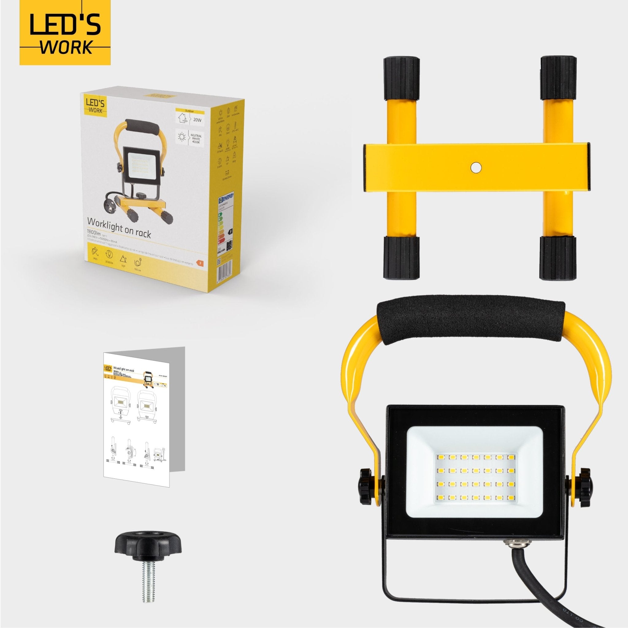LED's Work Bouwlamp Werklamp 2000 - Verstelbare beugel - Waterdicht (IP65) - Zwart geel - Bedraad Werklampen LED.nl