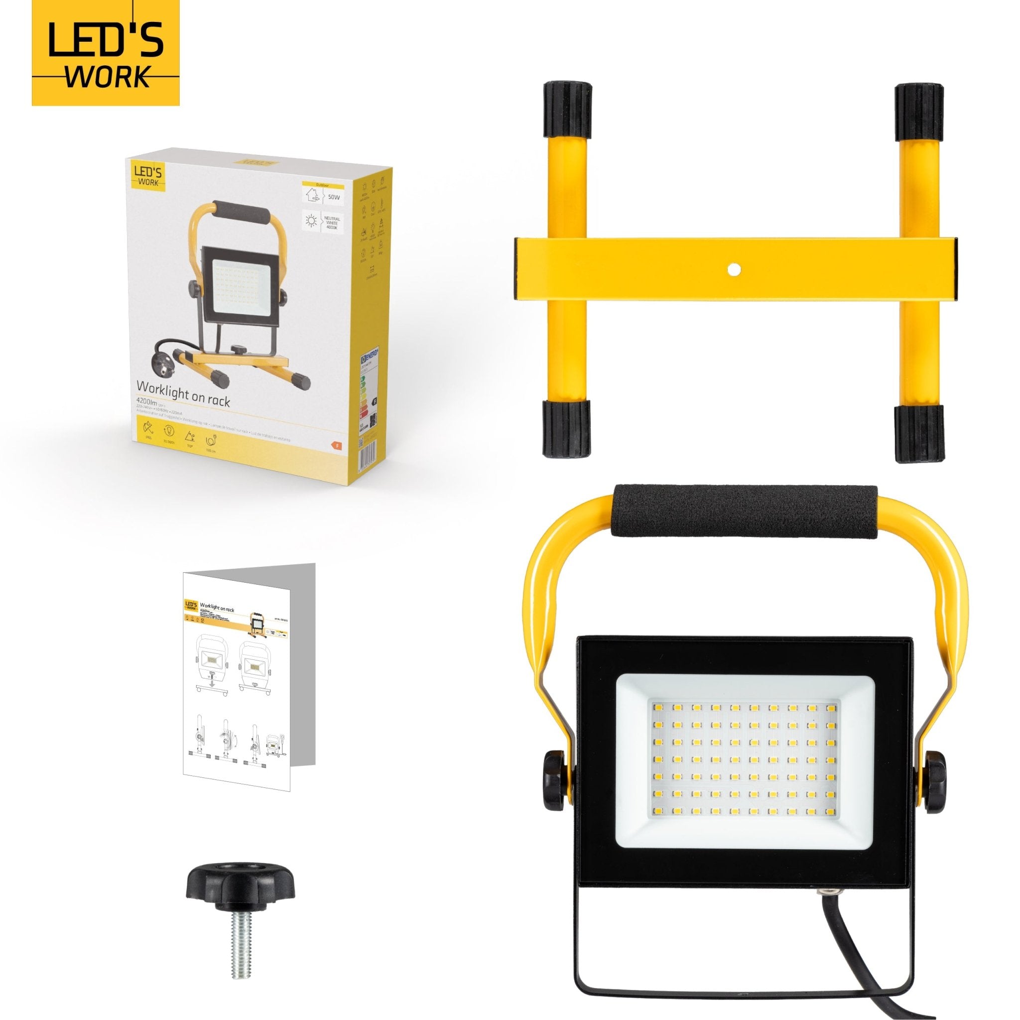 LED's Work 50W Bouwlamp Werklamp Bedraad 4900lm - Verstelbare beugel - Waterdicht (IP65) - Zwart geel Werklampen LED.nl