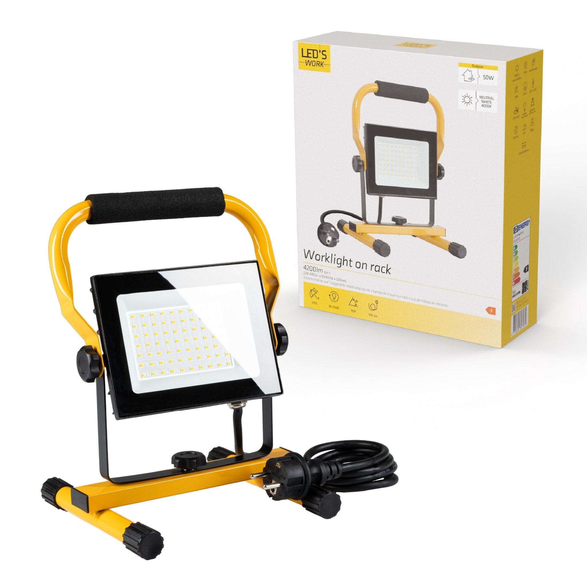LED's Work 50W Bouwlamp Werklamp Bedraad 4900lm - Verstelbare beugel - Waterdicht (IP65) - Zwart geel Werklampen LED.nl