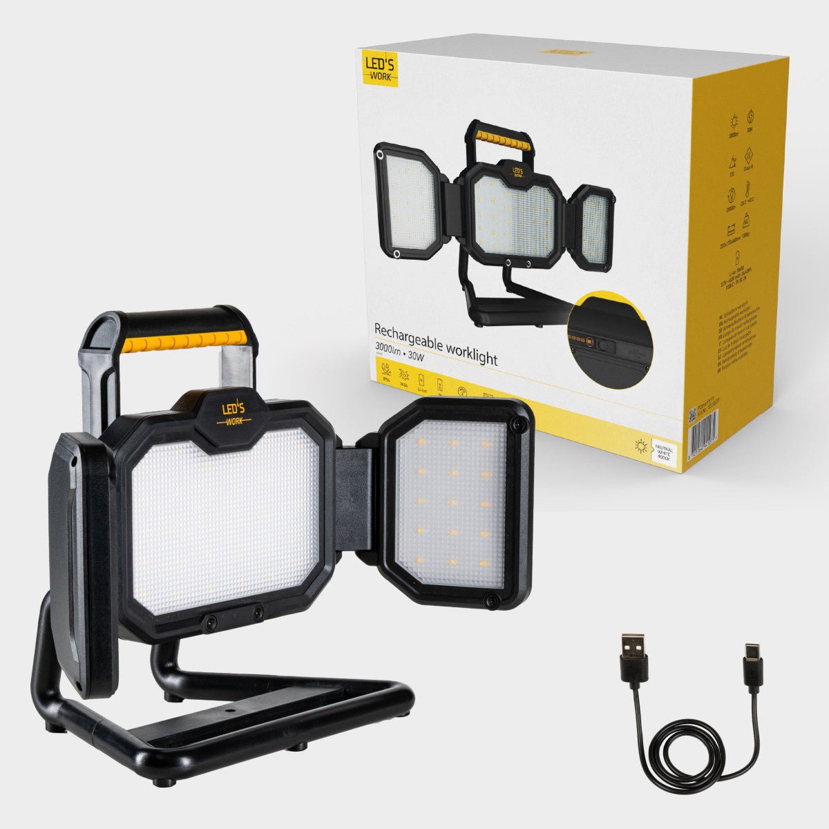LED's Work LED Bouwlamp Werklamp Oplaadbaar 4000lm 30W Opvouwbaar & Compact Werklampen LED.nl