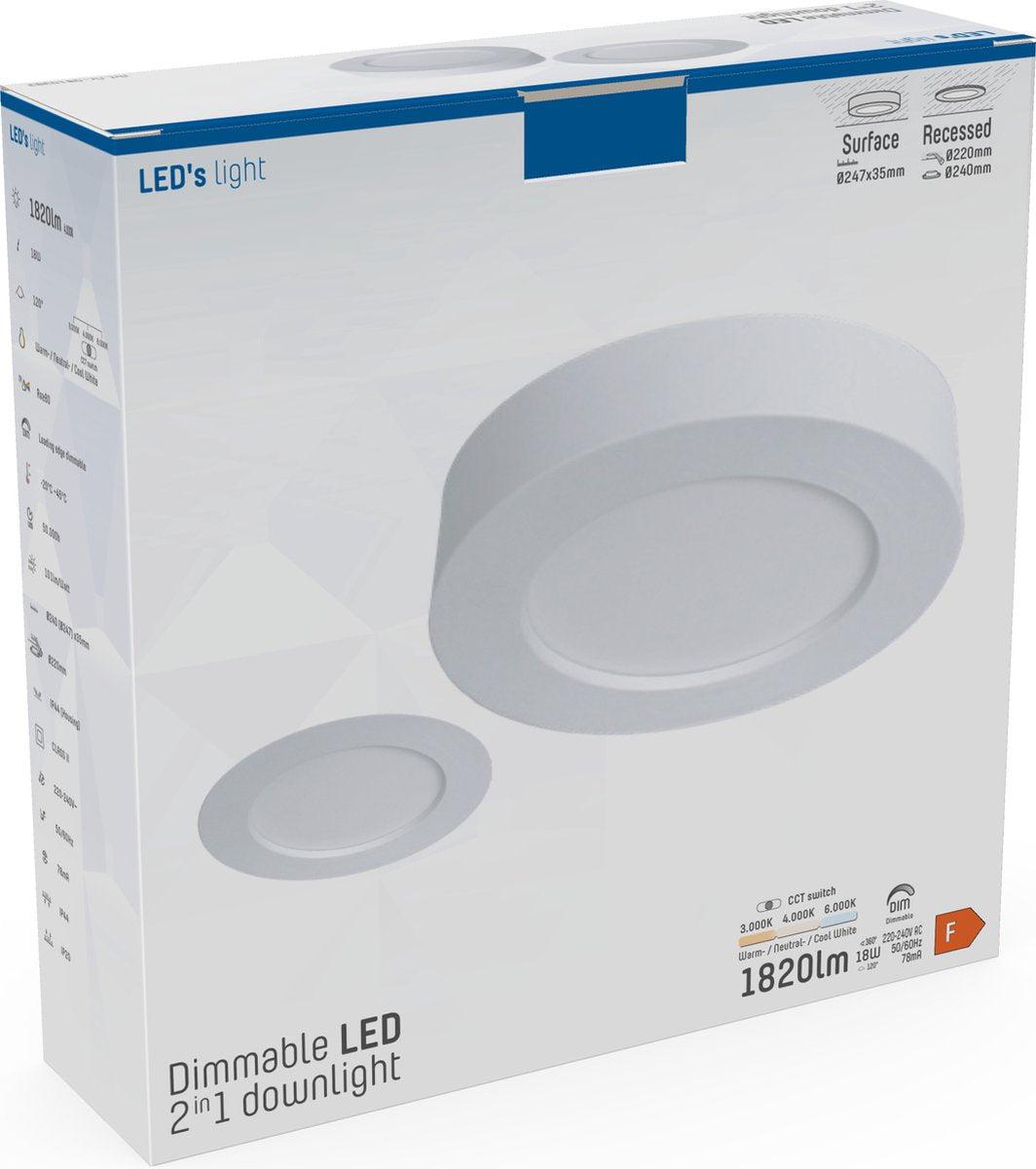 LED's Light Inbouw/Opbouw LED Plafondlamp Downlight - Dimbaar - 18W – 1820 lm – Ø240 mm – Zaagmaat Ø 220mm | CCT 3000K / 4000K / 6000K - Wit Plafondlampen LED.nl