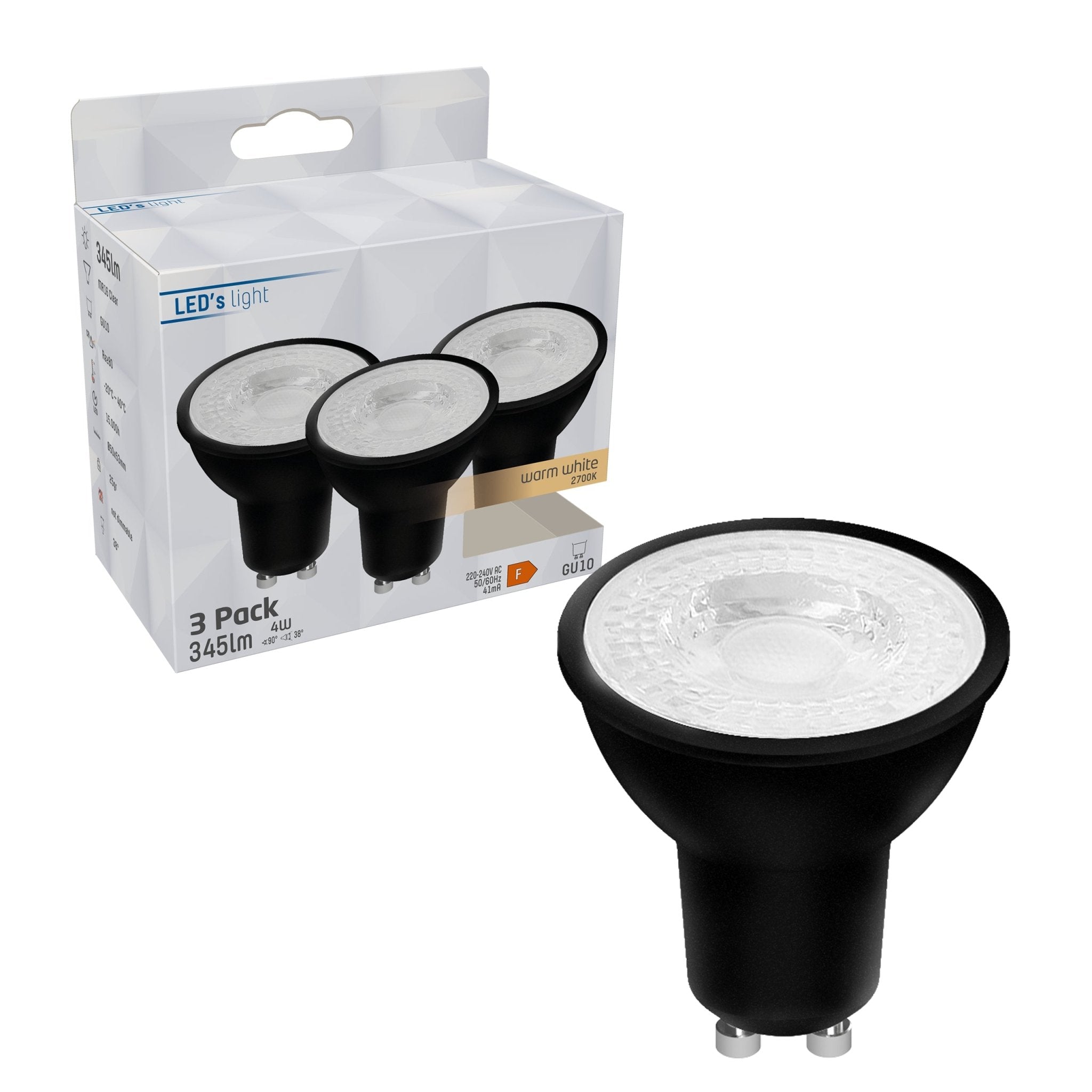 GU10 LED Spots zwart - Warm wit licht - 4W/50W - 345 lm - 3PACK Spotjes LED.nl