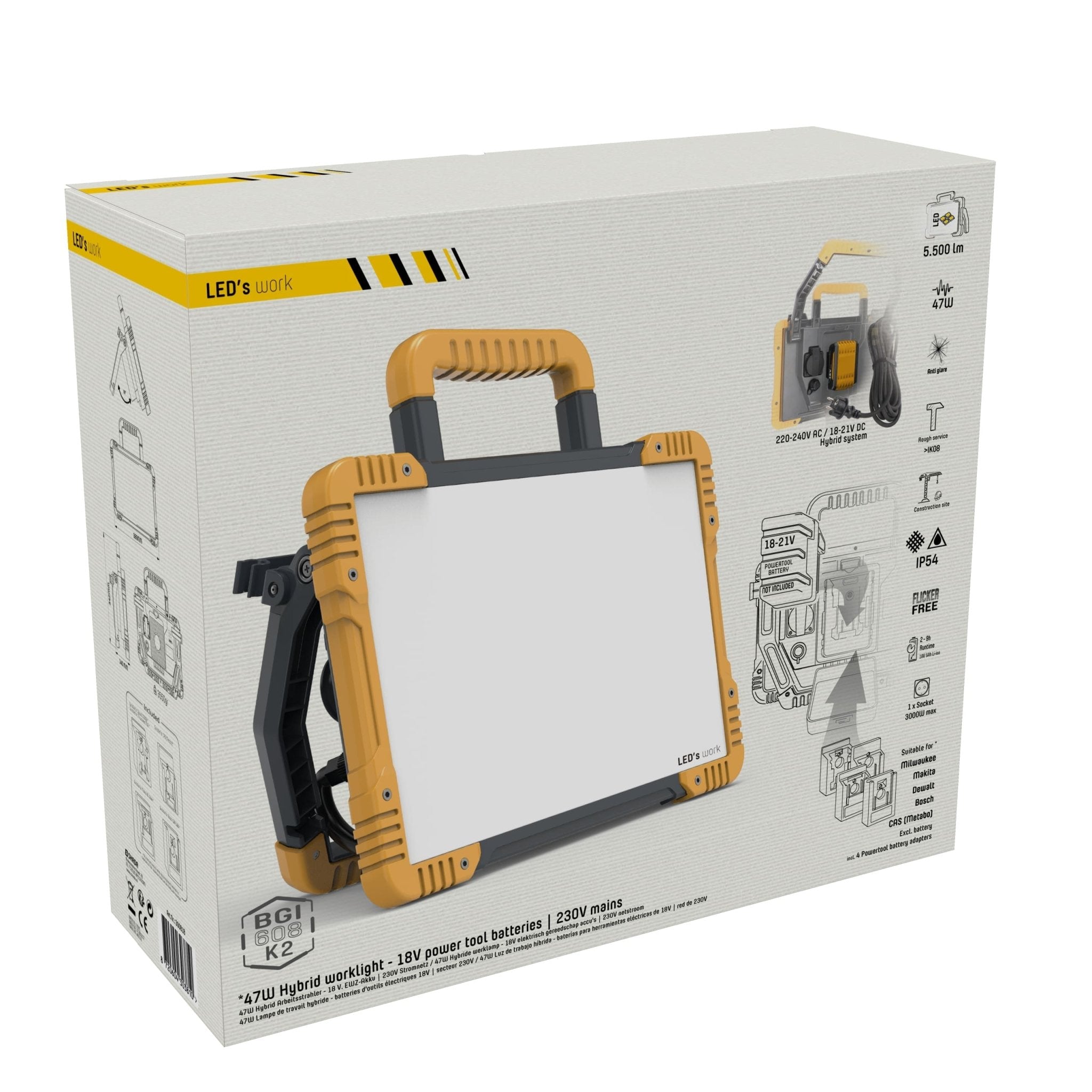 LED's Light 18V Hybride LED Bouwlamp 5500lm - Incl Adapters - Bedraad en draadloos te gebruiken – IP54 – Rough Service Tested – 47W Bouwlampen LED.nl