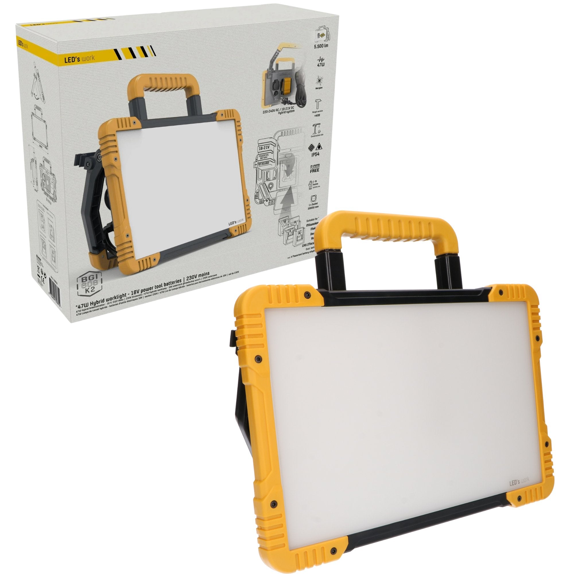 LED's Light 18V Hybride LED Bouwlamp 5500lm - Incl Adapters - Bedraad en draadloos te gebruiken – IP54 – Rough Service Tested – 47W Bouwlampen LED.nl