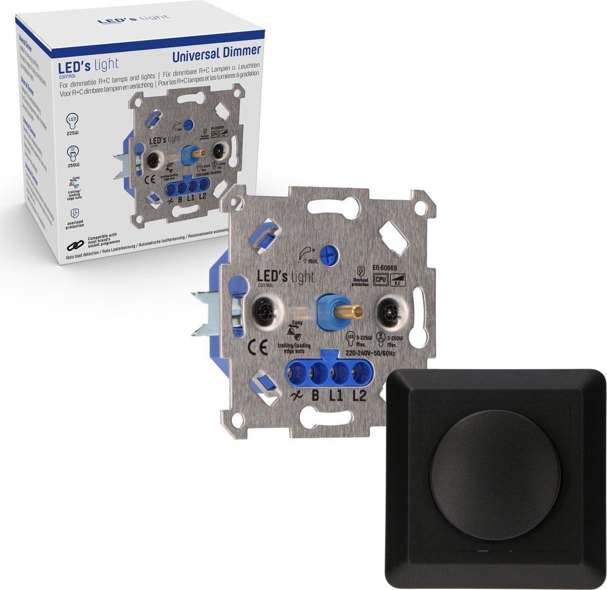 Professional Complete Dimmer voor alle dimbare (LED) lampen - Fase afsnijding aansnijding - Zwart Dimmers LED.nl