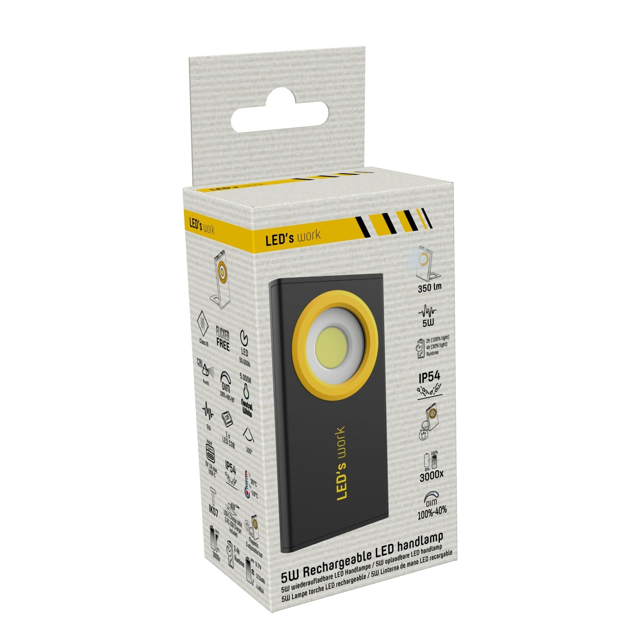 LED's Work Werklamp op Accu 350 - Met magneet, haak of voet - Draadloos & Oplaadbaar - 2 lichtpunten Werklampen LED.nl